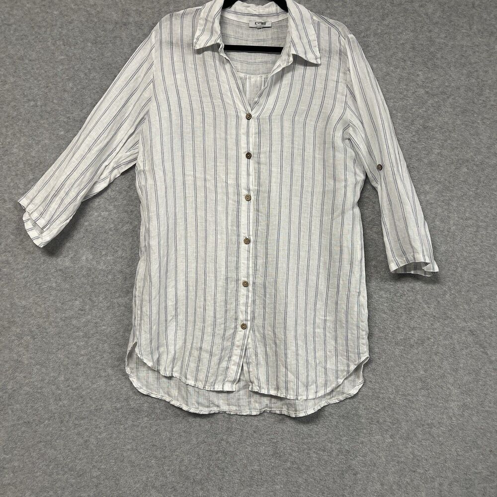 Rosemarine Italy 100% Linen Shirt M White Blue Striped Coastal Roll Tab Tunic
